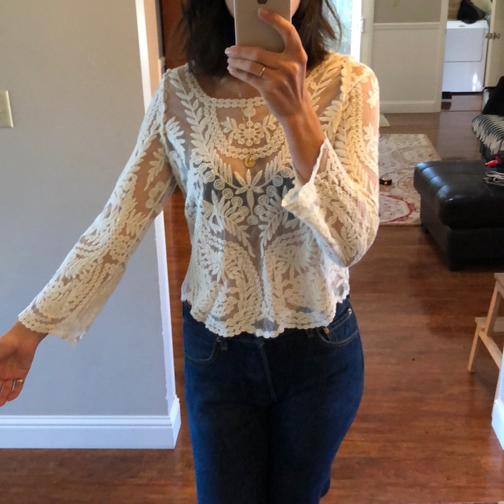 70s style sheer lace bell sleeve top